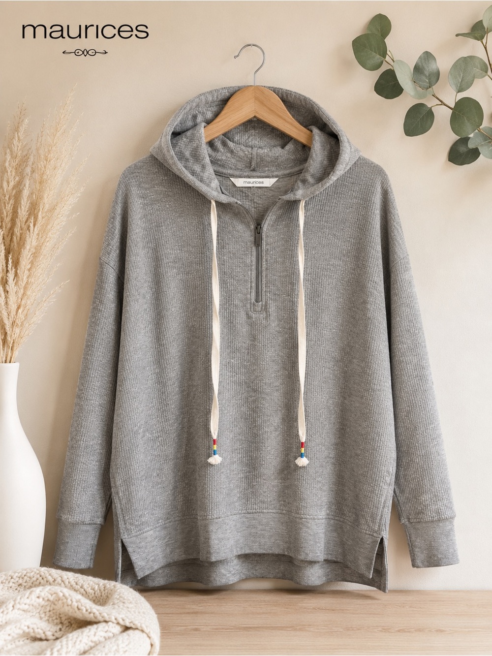 Maurices Gray Hooded Quarter-Zip Pullover with Drawstrings